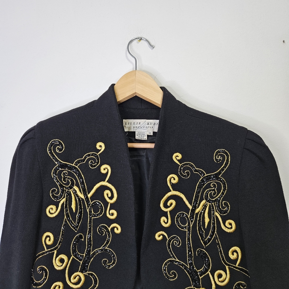 VTG Lillie Rubin Bolero Jacket Sz L Black Beaded Embroidered Wool Night Party - Picture 2 of 12